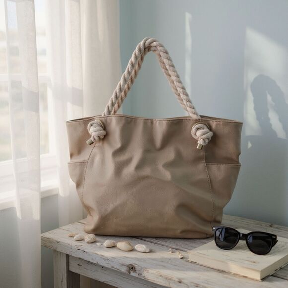 RAMPAGE Faux Leather Rope Handles BAG, LEATHER, FABRIC AND ROPE,  BEIGE - Picture 1 of 5